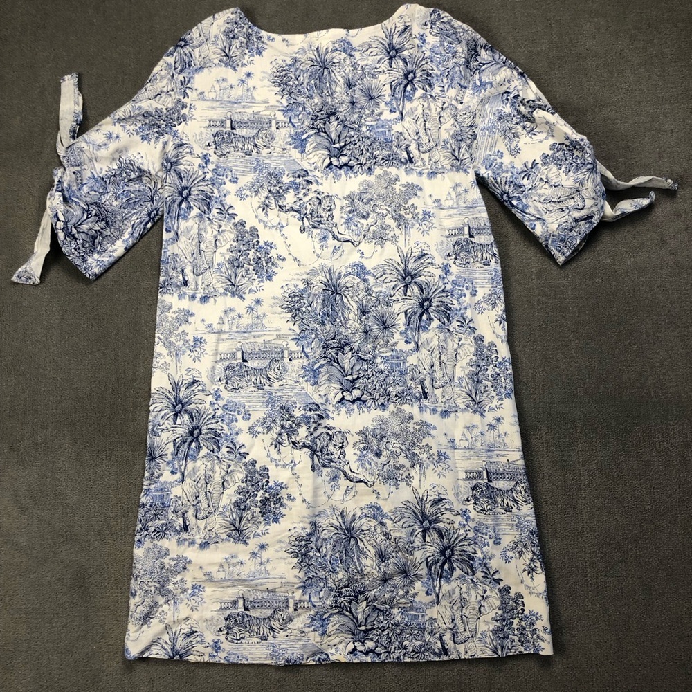 H&M Linen Blend safari Tiger Blue White Shift Dress Tie Sleeves size 2 - Picture 2 of 8